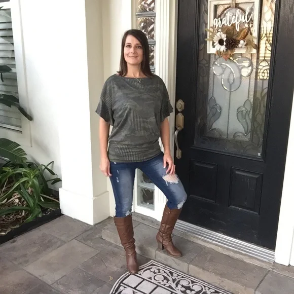 Camouflage Ribbed Ruffle Off Shoulder Dolman Top Green 0919 - Picture 12 of 12